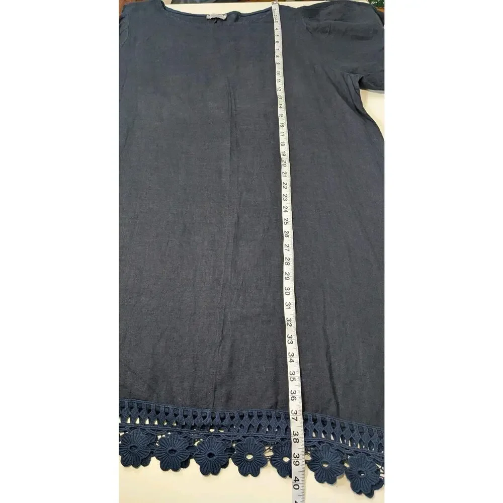 Bellambra Navy Linen Dress Size 1X Made In Italy Crochet Trim Short Sleeve - Picture 10 of 10
